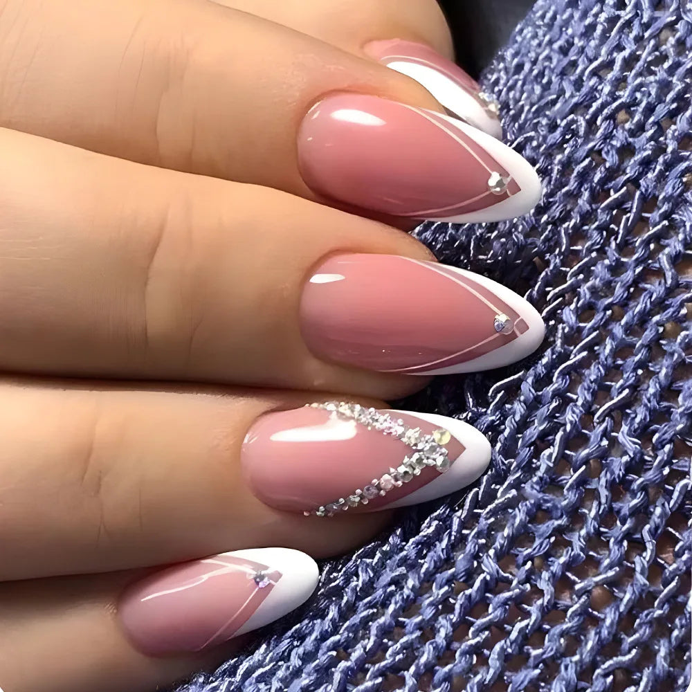 24Pcs Short Square Nude Fake Nails Art White Edge Glossy Artificial French False Nails Removable Full Cover Press on Nail Tips