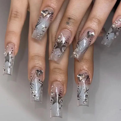 24Pcs False Nails Long Coffin Ballet French with Rhinestones Wearable Fake Nails Blue Flower Full Cover Press on Nails Tips Art