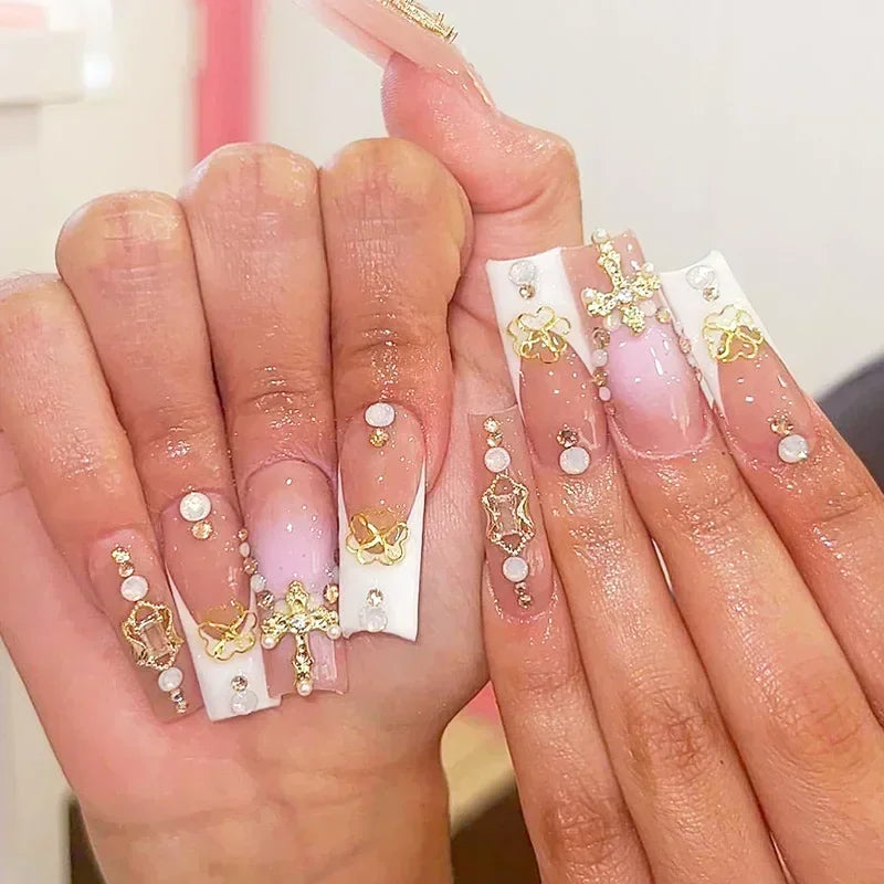 24Pcs Long Ballet French False Nails Pink Butterfly Flower with Rhinestones Wearable Fake Nails Gradient Press on Nail Tips Art