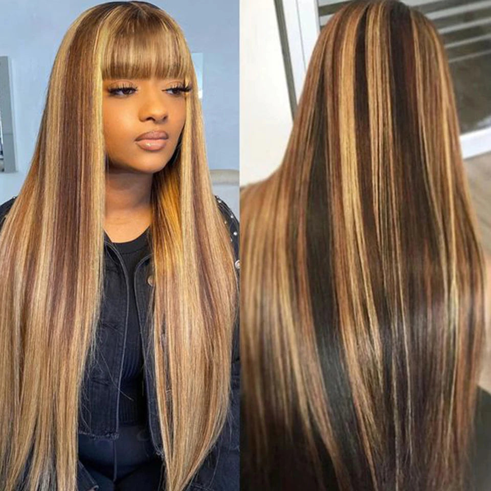 Malaysia Human Hair Wig With Bangs Ombre Highlight Brown Straight Hair Human Hair Wigs For Women 180D Wig Machine