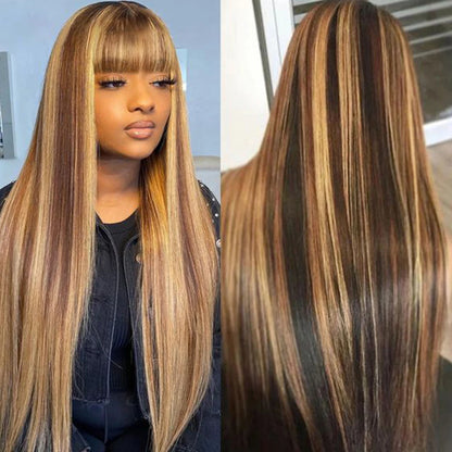 Malaysia Human Hair Wig With Bangs Ombre Highlight Brown Straight Hair Human Hair Wigs For Women 180D Wig Machine