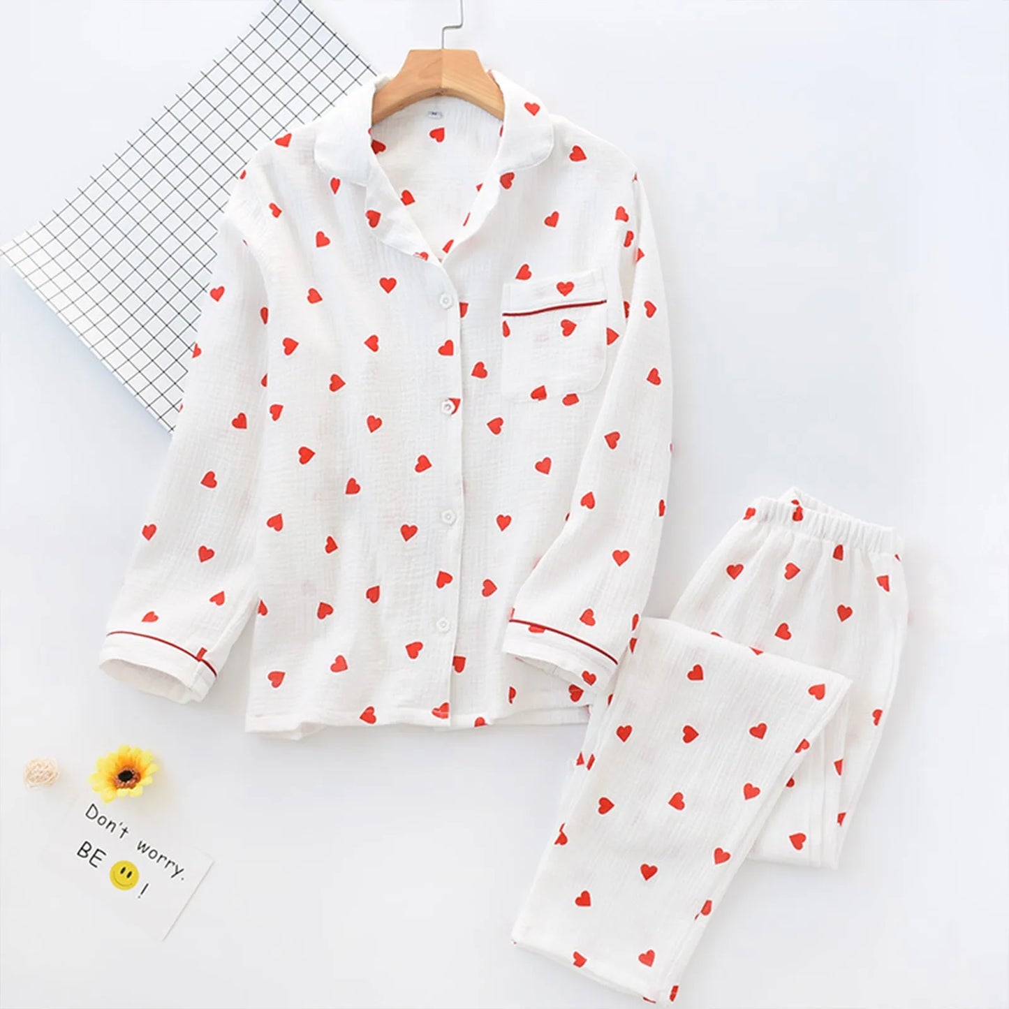 2pc Cotton Pajamas Set Women's Sweet Little Love Cute Two Piece Pijama Jacket Shirts & Long Pant Loungewear Cozy Crepe Homewear