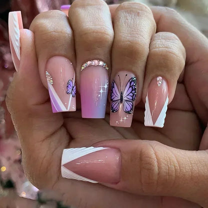 24Pcs Simple Blue French Fake Nails with Diamond Love Pattern Design False Nails Press on Mid-length Ballet Full Cover Nail Tips