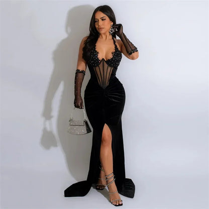 Halter Lace Up Women Lace Rhinestone Fish Bone Mesh Slim Split Sexy Maxi Dress