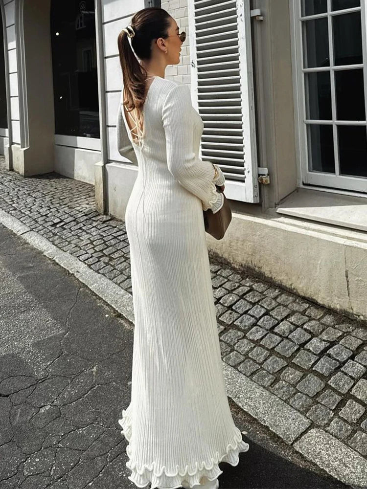 Flared Sleeves Lace Hem Maxi Dress