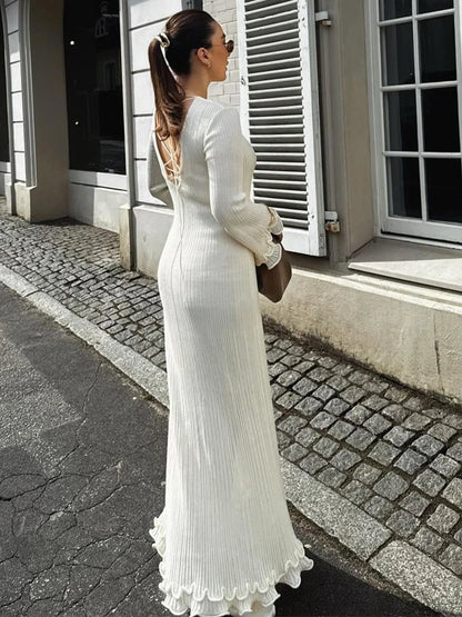 Flared Sleeves Lace Hem Maxi Dress