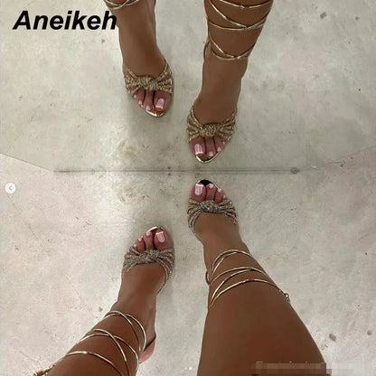 Aneikeh 2025 New Fashion Concise Square Open Toe Narrow Band Ankle Cross-Tied Thin High Heel