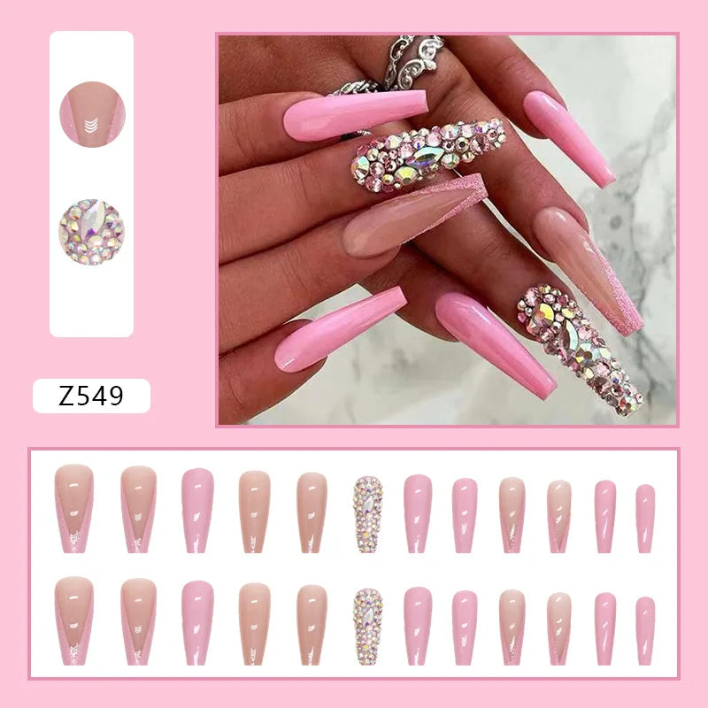 24pcs Artifical Fake Nails Long Coffin French Ballerina Wearable False Nail Tips Finished Rhinstones Flower Design Press on Nail