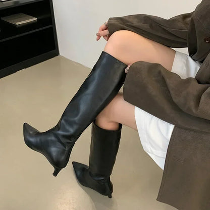 Aneikeh Brown Design Pointed Toe Women Knee-High Boots Designer Party Street Long Booties