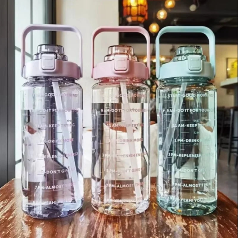 2 Liter Water Bottle with Straw Female Jug Girls Portable Travel bottles Fitness Bike Cup Summer Cold Water Jug with Time Marker