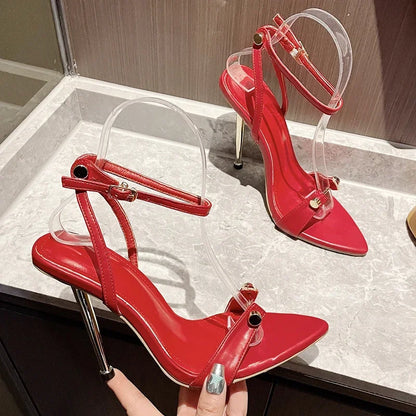 Aneikeh Fashion Pointed Toe High Heels Designer Sandals Thin Heel Metal T-Head Rivet Stripe Narrow Band Ankle Strap Sandalia