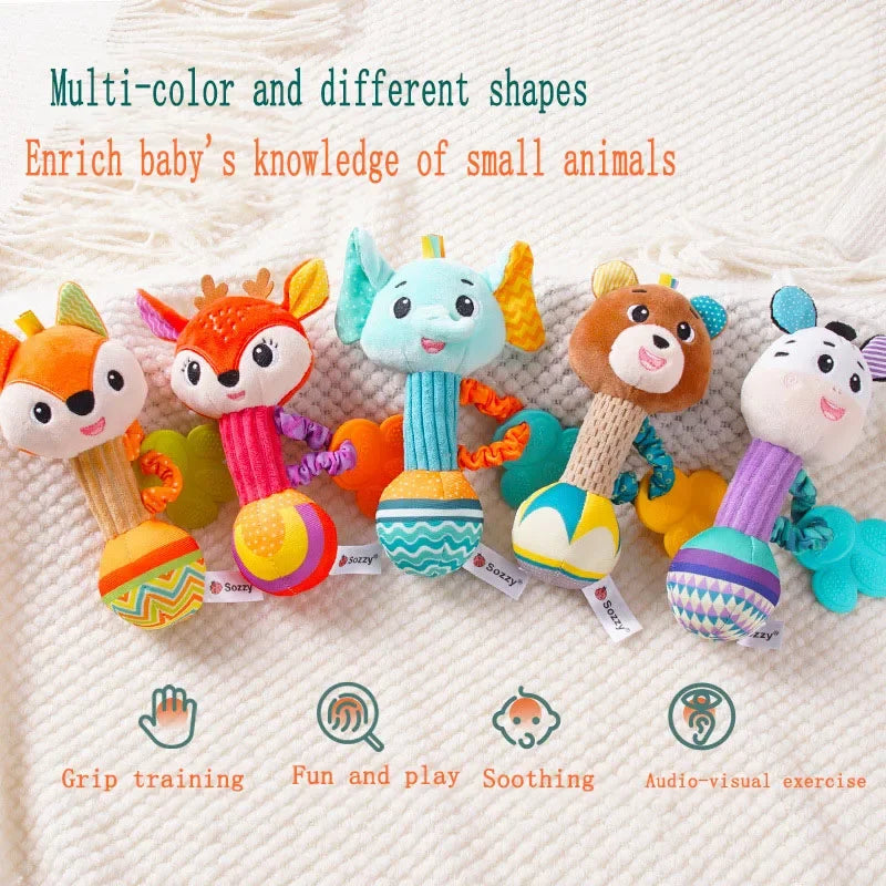 Baby Rattles Soft Stuffed Animal Rattle Hand Grip Baby Toys Shaker Crinkle Squeaky Sensory Soothing Toys Toddler Gifts