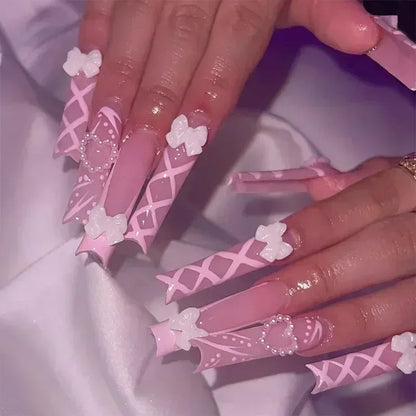 24Pcs Artifical False Nails with Glue Fake Nail Tips with Heart Designs Detachable Press on Nails XLong Finished False Nails tip