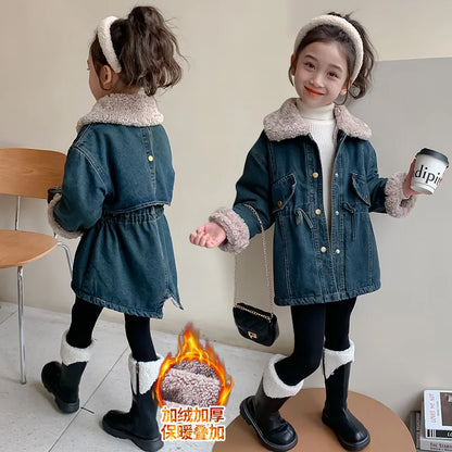 Winter Girls Jacket Kids Baby Girl Thicken Warm Fleece Velvet Coat Children Girl Denim Parkas Outerwear Jackets Clothes 2-8yrs