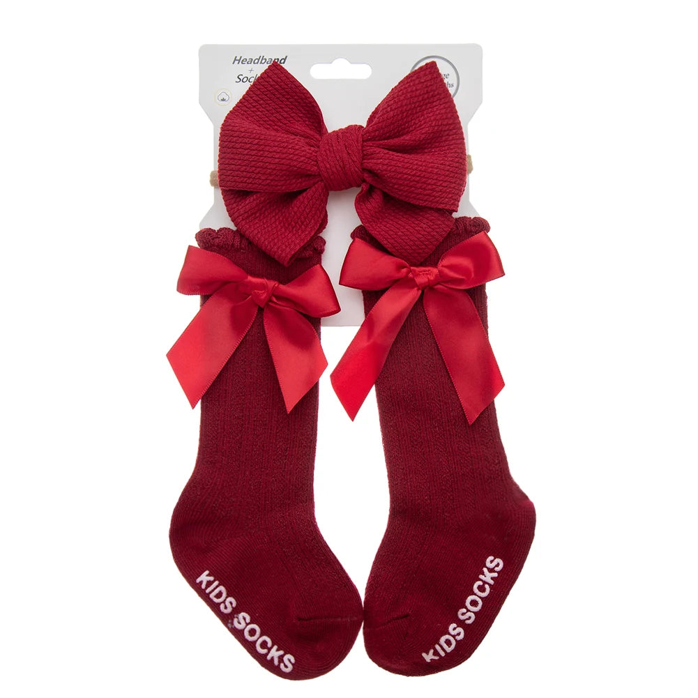 3Pcs/Set Baby Cotton Knee Socks Silk Stain Hair Bow Headbands Non-slip 0-12M Long Leggings Stockings Nylon Hairbands Infant Sock