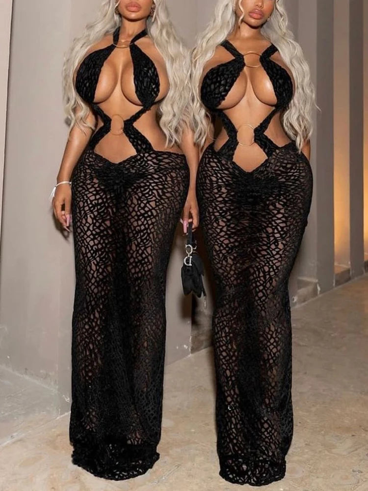 Weird Puss Sexy See Through Hollow Cross Backless Dress