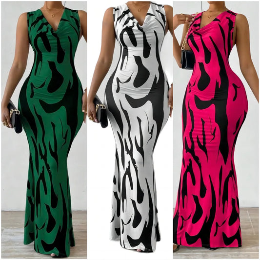 Women Print Dress Sleeveless Splice Slim Fit Long Dresses Midi Waist Wrap Hip