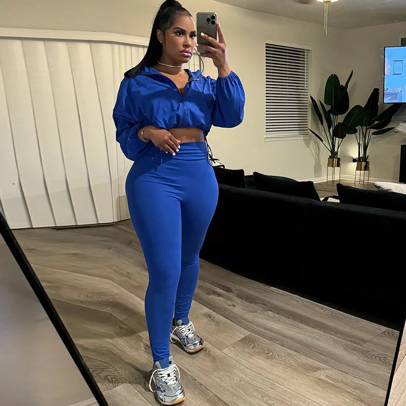 Weird Puss Autumn Women 2 Piece Set Casual Tracksuit Zipper Thin Drawstring Jacket+Leggings Matching Streetwear Sporty Suit