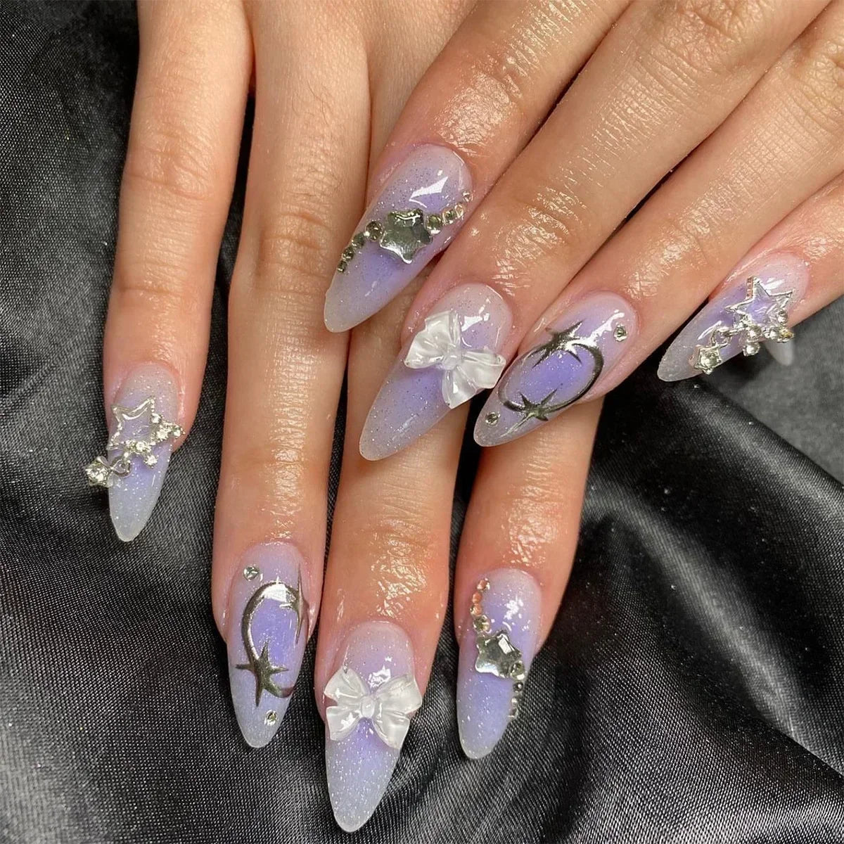 24Pcs Pink Almond French Press on Nails With 3D Bow ripple charms Design Fake Nails Ballerina False Nails Full Cover Nail Tips