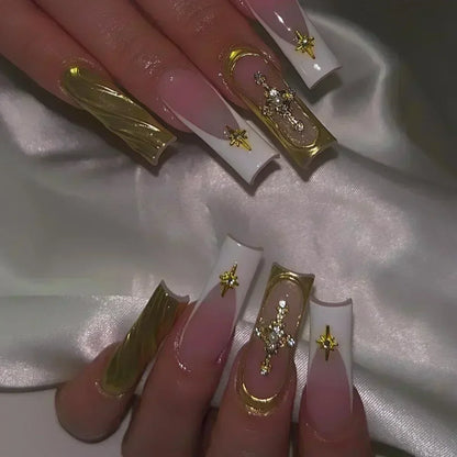24Pcs Full Cover False Nails with Glue Long Square Coffin Fake Nails French Detachable Ballet Love Pattern Design Press on Nails