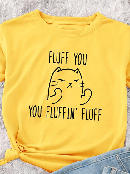 Cat Print Crew Neck T-Shirt, Casual Short Sleeve T-Shirt For Spring & Summer, Women's Clothing