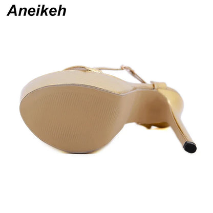 Aneikeh NEW Sexy Sandals Women Bling Golden PU Peep Toe Stripper High Heel Sandals