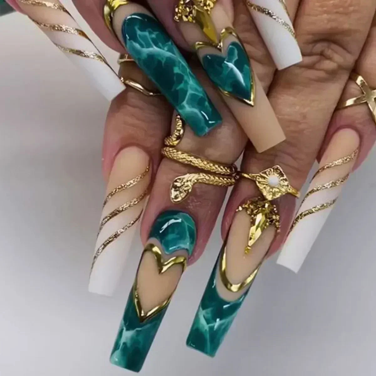 24Pcs Full Cover False Nails with Glue Long Square Coffin Fake Nails French Detachable Ballet Love Pattern Design Press on Nails