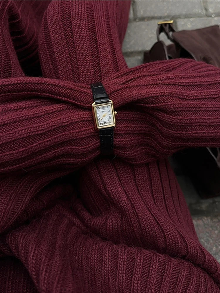 Elegant Burgundy Color Women's Loose Wide Leg Pants Set Chic Scarf Collar V-neck Knitted Sweater Suits Lady Street Knitwear