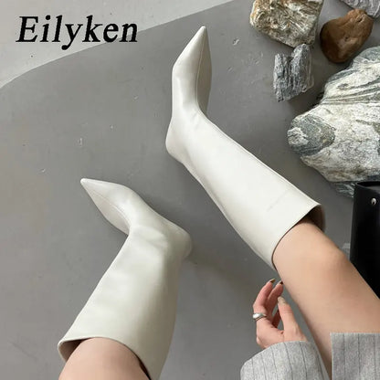 High Quality Soft Leather Pointed Toe Knee-High Boots Woman Cosy Slip-On Low Heels
