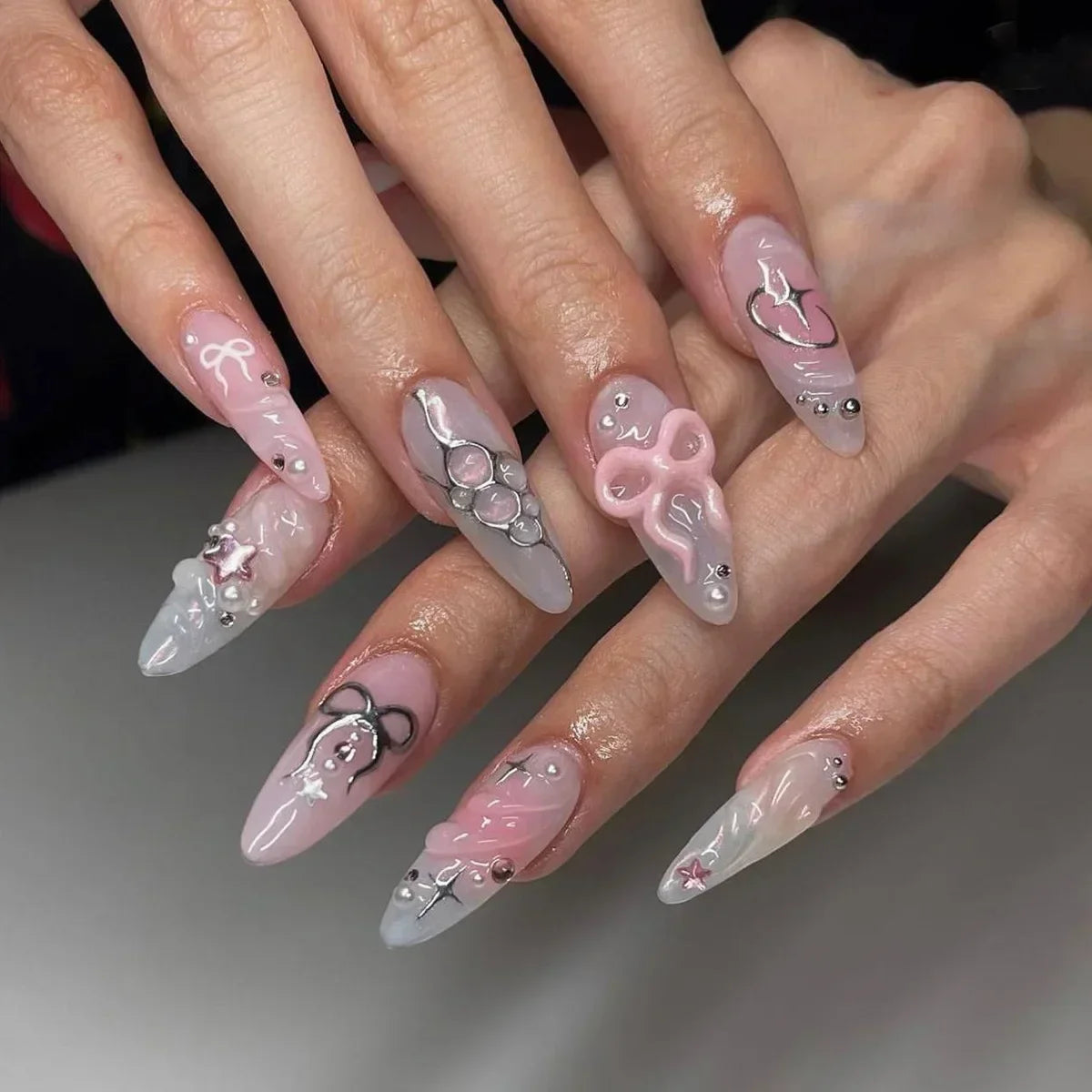 24Pcs Pink Almond French Press on Nails With 3D Bow ripple charms Design Fake Nails Ballerina False Nails Full Cover Nail Tips