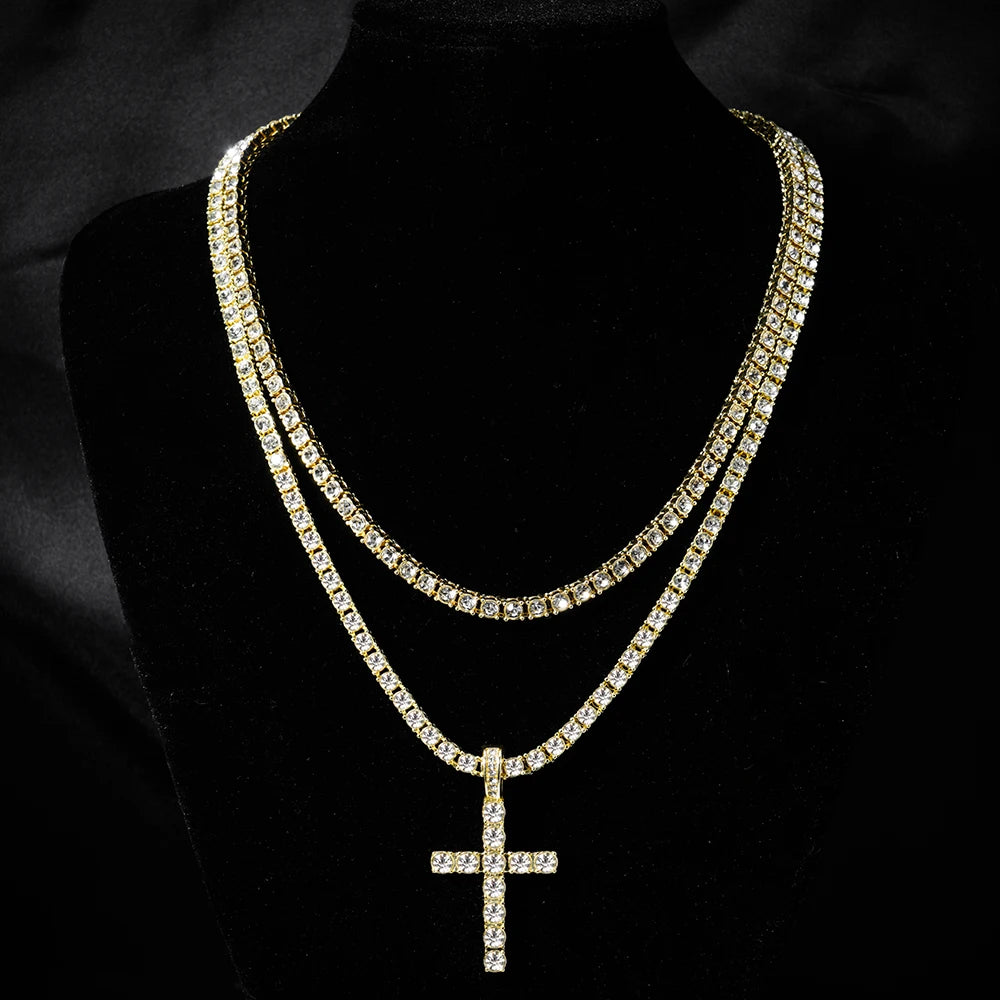 Hip Hop Iced Out Cross Pendant Necklace Strap 4mm Zircon Tennis Chain