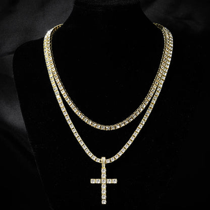 Hip Hop Iced Out Cross Pendant Necklace Strap 4mm Zircon Tennis Chain