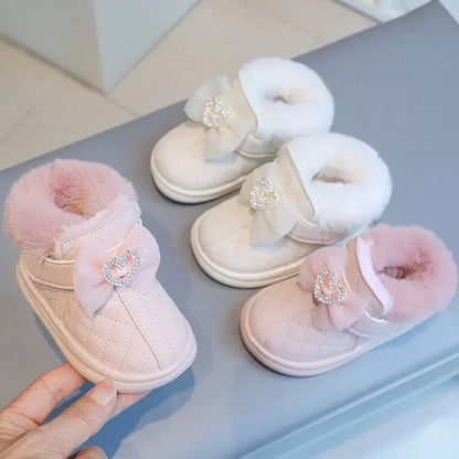 Winter Girl Baby Warm Cotton Boots Fashionable Bow Love Diamond Infant Kids Walking Shoes Cute Waterproof Boy Children Snow Boot