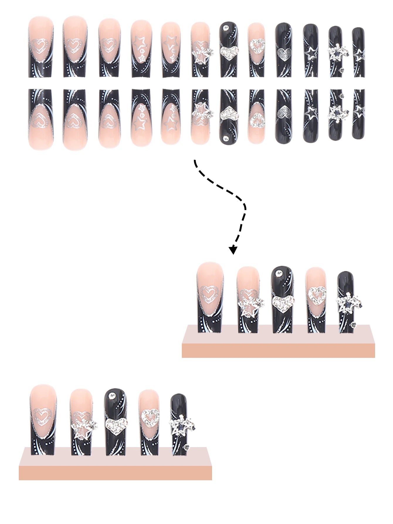 24PCS/1BOX Black French Wearing Sweet and Cool Nail Patch Glitter Love Stars in Europe and America Dark Department Fake Nail