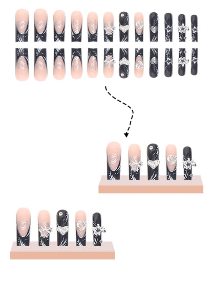 24PCS/1BOX Black French Wearing Sweet and Cool Nail Patch Glitter Love Stars in Europe and America Dark Department Fake Nail