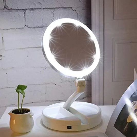 10x Magnifying Makeup Mirror With Light White LED Folding Portable Rotating Double Side Storage Tabletop Batteries USB Charging
