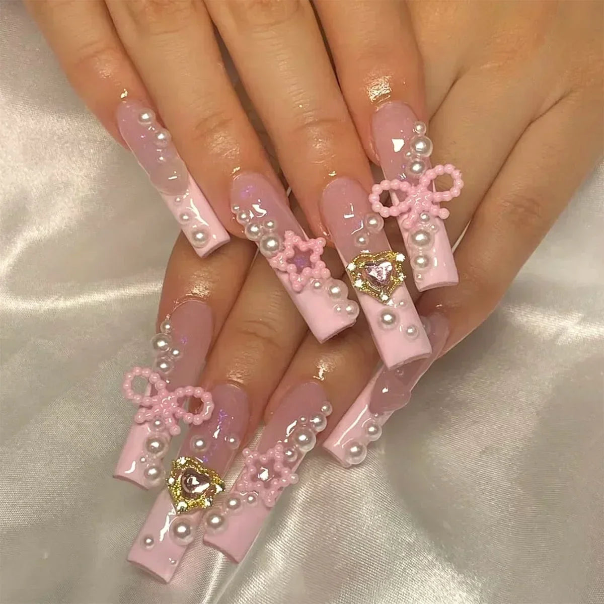 24Pcs White French False Nails Long Ballet Fake Nail with Pearl Bow Flower Design Press on Nails Pink Wearable Square Nails Set