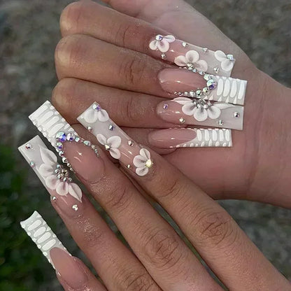 24Pcs Long Ballerina False Nails Press on Nails Serpentine Flower with Rhinestones French Fake Nails Wearable White Nail Tips