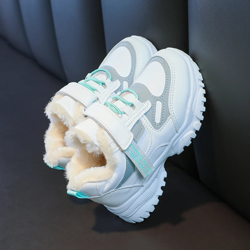 Girls Running Shoes Thick Soft Sole Students Sneakers with Fur Winter New Children Sports Shoes Non-slip Hook&loop Trendy