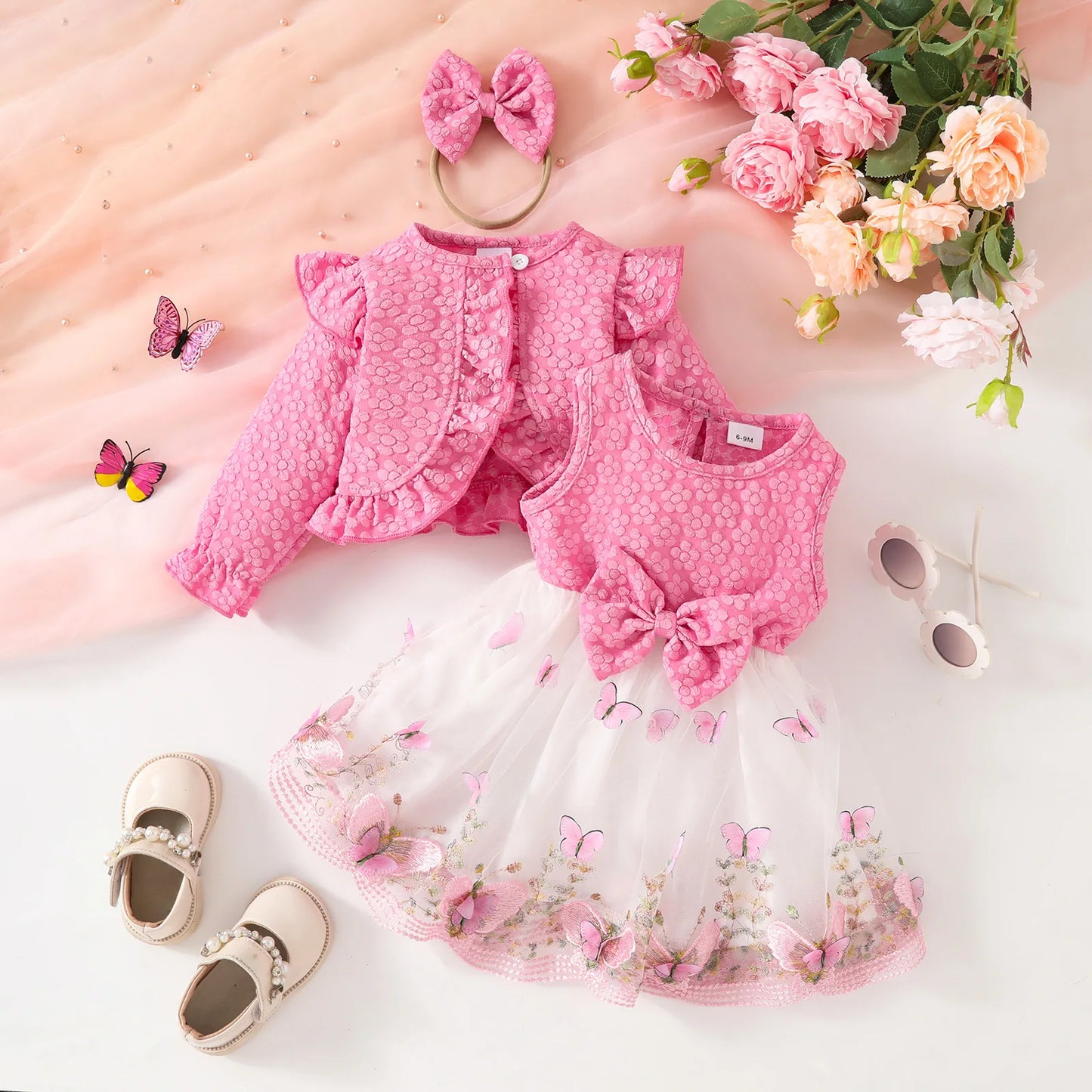 Baby Dresses Birthday Party Costume Pink Jacquard Cardigan Coat and Lace Butterfly Dress For Girls Newborns Infants Clothes