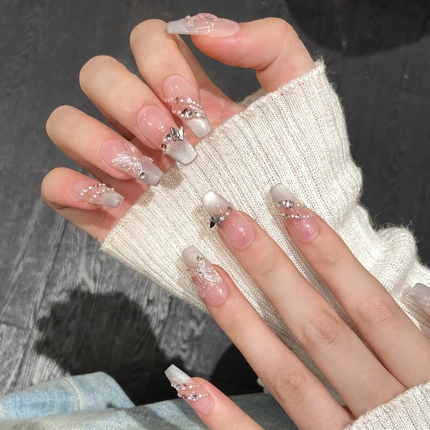 10Pcs Flower Butterfly Handmade Press on Nails Acrylic Nail Tips