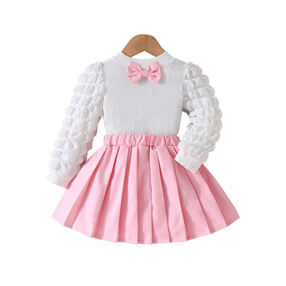 3 Colors Fashion Kids Girls Fall Clothes Sets 3-8Y Long Puff Sleeve Bow Front Tops + Pleated Skirt 2PCS