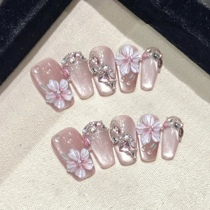 10Pcs Flower Butterfly Handmade Press on Nails Acrylic Nail Tips