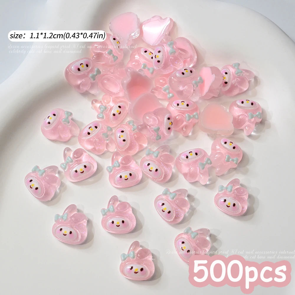 500pcs Cute Sanrio Nail Art Charms 3D Pink Bow Hello Kitty Cinnamoroll Nail Decoration