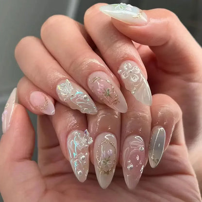 24Pcs Pink Almond French Press on Nails With 3D Bow ripple charms Design Fake Nails Ballerina False Nails Full Cover Nail Tips