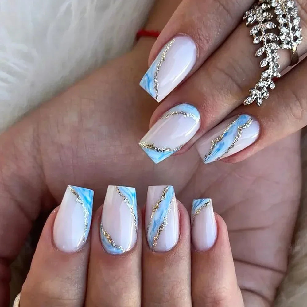 24Pcs Brown Long Coffin False Nails Glitter Ballet Wearable with French Design Fake nails Full Press on Nail Ins Nail Tips Art