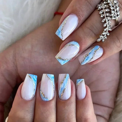 24Pcs Brown Long Coffin False Nails Glitter Ballet Wearable with French Design Fake nails Full Press on Nail Ins Nail Tips Art