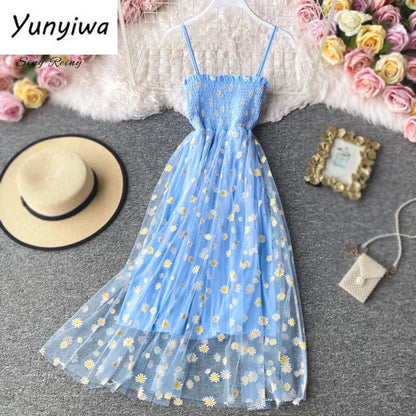 Women daisy Print Dresses Summer Sexy Lace Mesh Dress Spaghetti Strap Ruched Floral