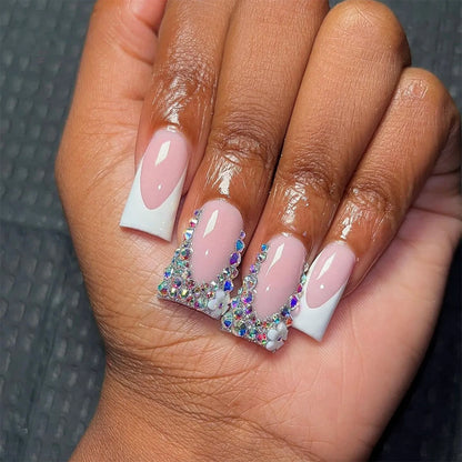 24pcs Duckbill Shaped Fake Nails Gold Butterfly Rhinestone Design False Nail Tips Wearable Full Cover French Press on Nails