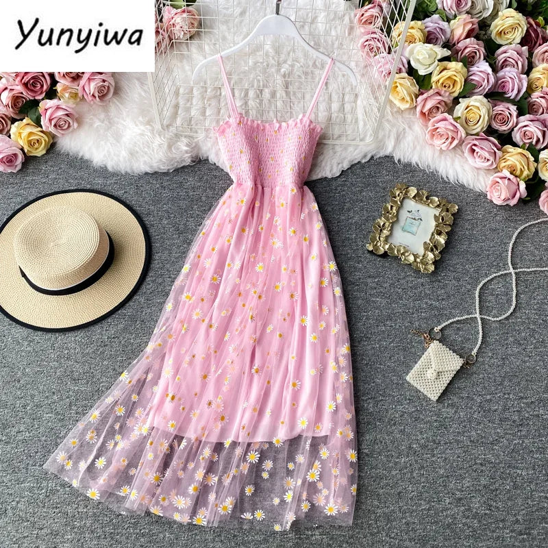 Women daisy Print Dresses Summer Sexy Lace Mesh Dress Spaghetti Strap Ruched Floral